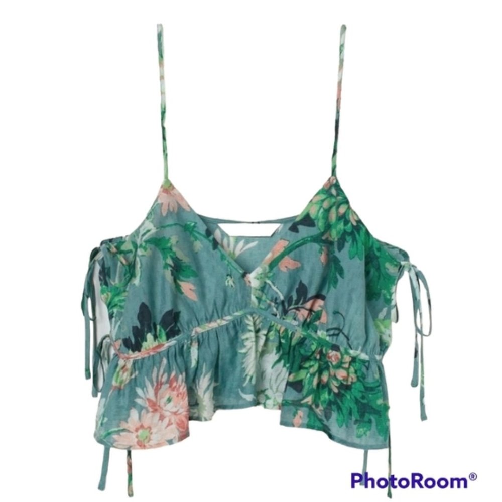 Nwt H&M Spring Turquoise/floral Crop Top Side Tie Closures Spaghetti Strap